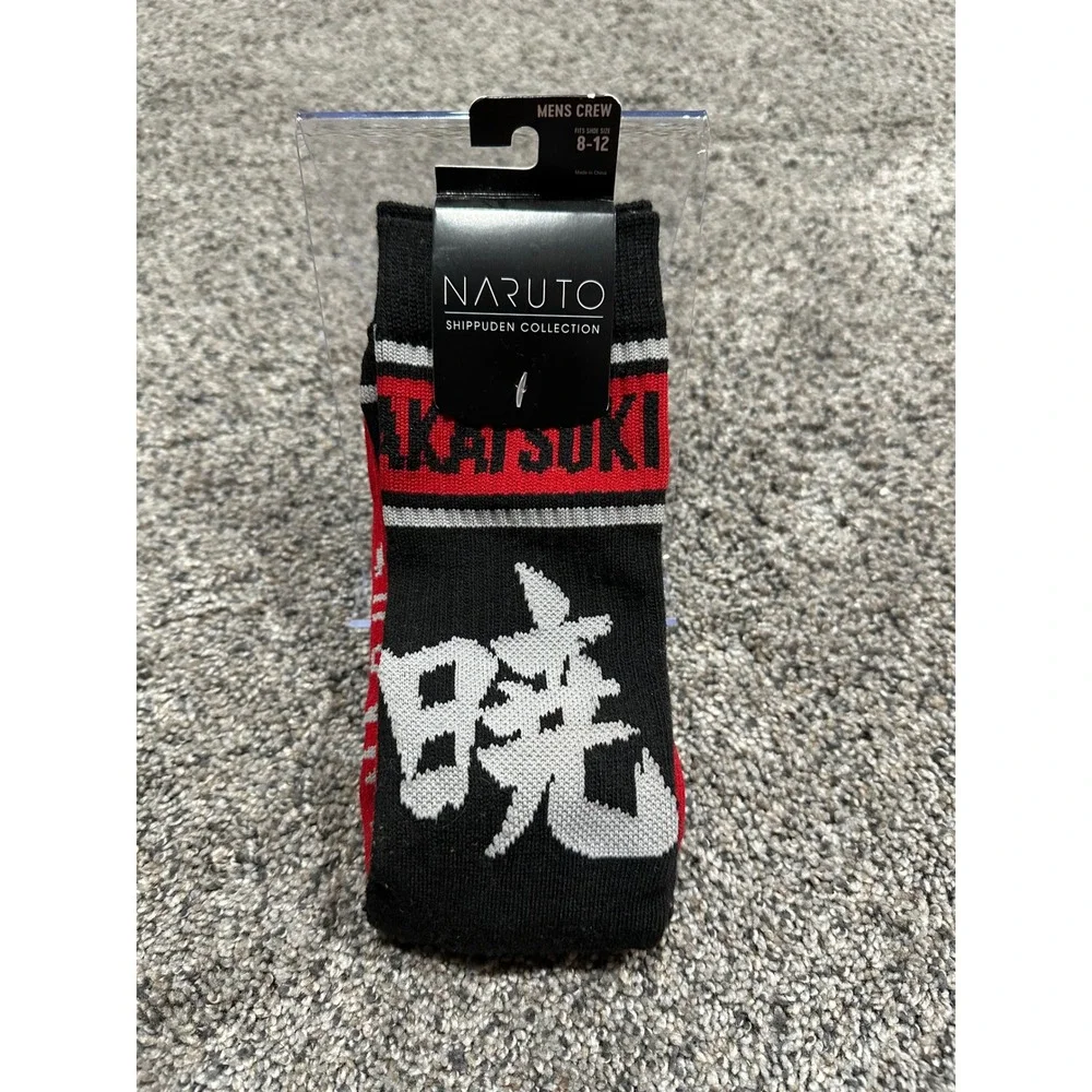 Crew Socks Naruto Mens Black New Akatsuki Clouds Text Anime 8-12